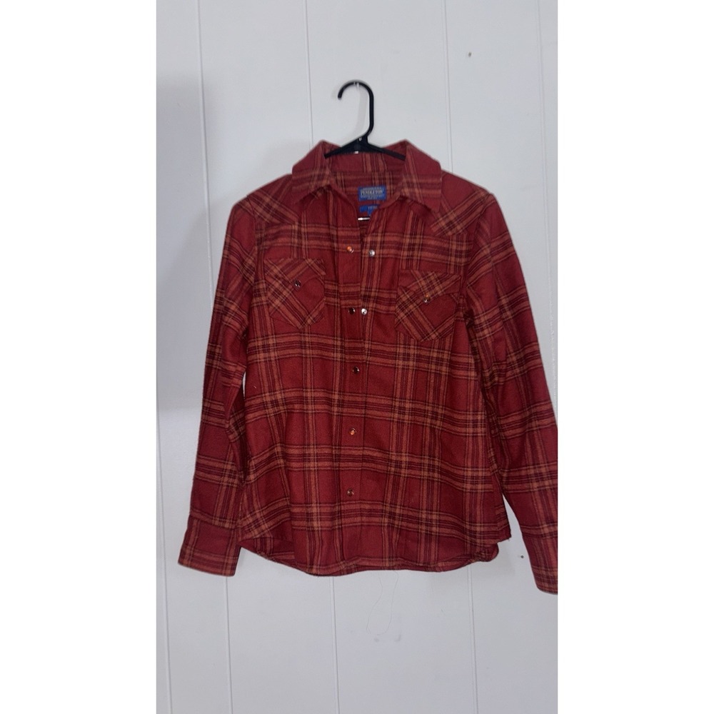 Pendleton Epic 100% Wool Long Sleeve Pearl Snap Plaid Shirt S Tan /Red Wms